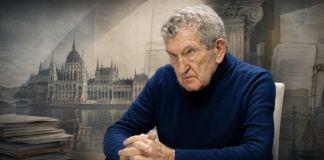 Dr. Radványi Miklós portréja a magyar Parlamentet és állami intézményeket idéző háttér előtt, 36 év politikai korrupció Magyarországon témában.