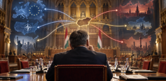 A magyar Parlament és diplomáciai környezet Magyarország külpolitikai kapcsolatait jelképező vizuális elemekkel.